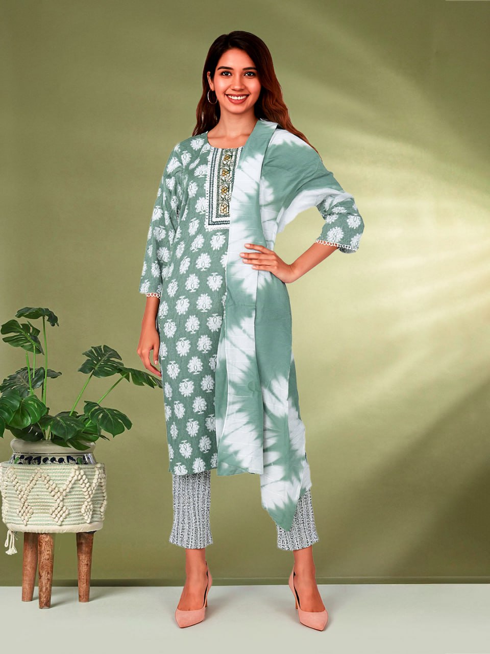 Picture of Sea Green Printed Kurti with Pant  & Dupatta Set